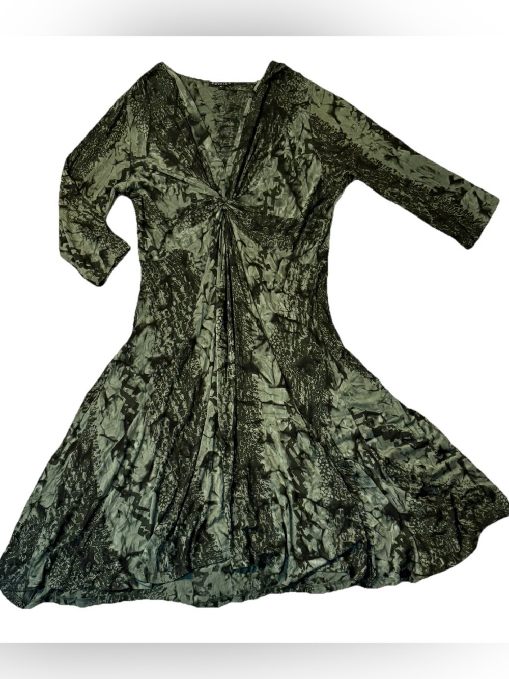 Dunia fit-and-flare midi dress Deep V-neck Dark moss green & black tie-dye